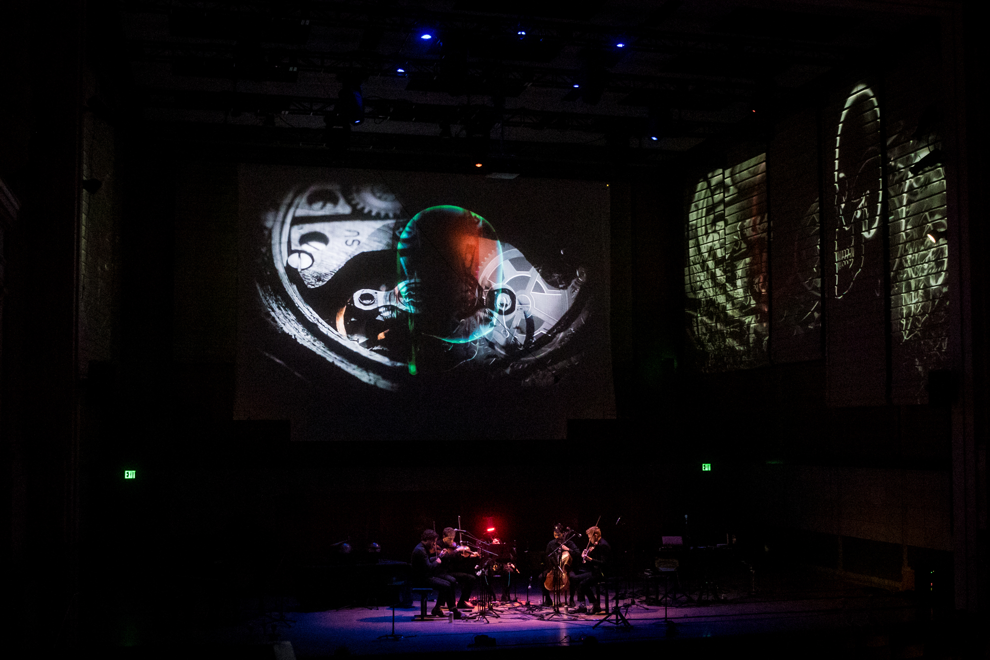 Projections using the Caroline H. Hume Concert Hall's recent upgrades.