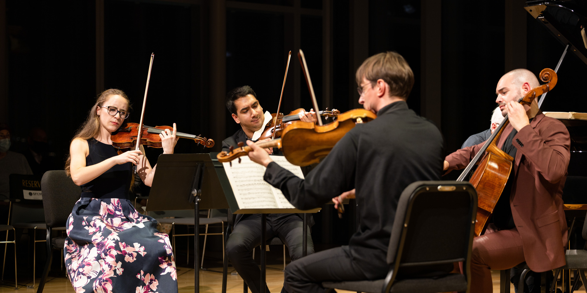 Chamber Music majors perform in a piano quintet during a Chamber Music Tuesday Concert