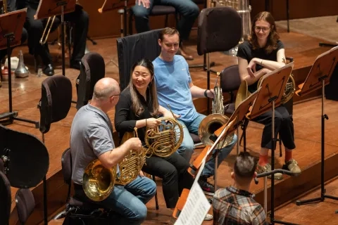 horn students talk with sfs players on davies stage