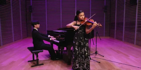 Parker Van Ostrand and Amaryn Olmeda perform inside Studio G of SFCM's Bowes Center.