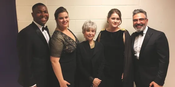 Brandon Bell ’18, Kaitlin Bertschi ’18, Rita Moreno, Esther Tonea ’18, Jimmy Kansau ’04. Courtesy California Symphony